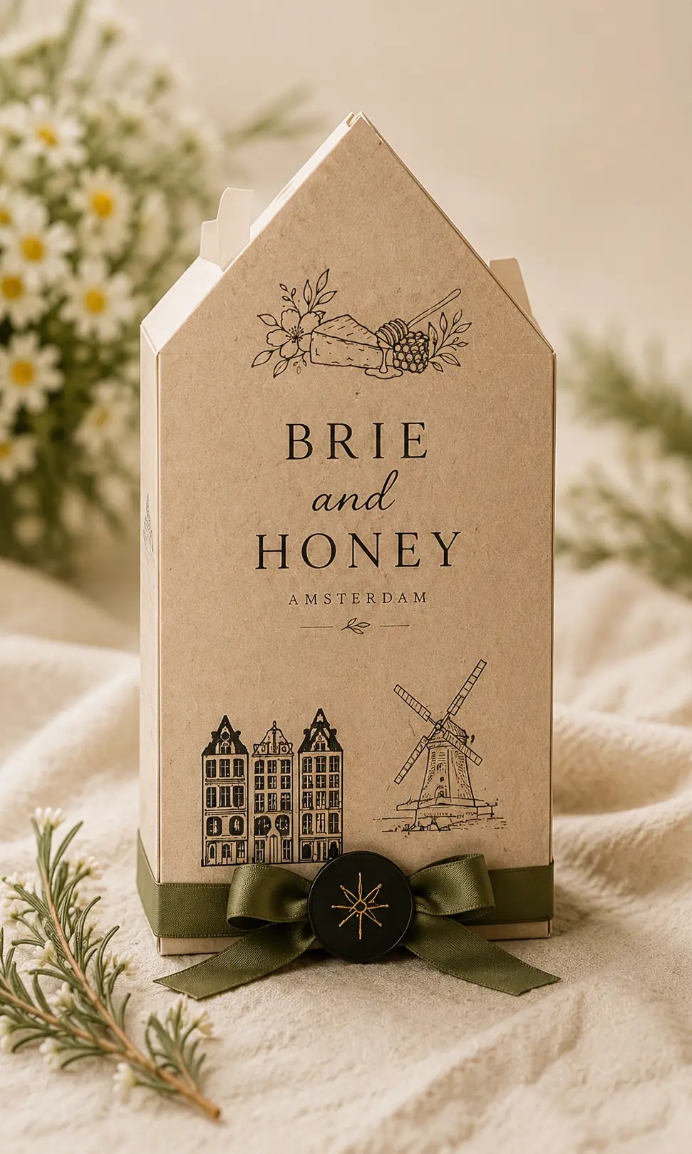 Closed Amsterdam canal house shaped Brie and Honey package with olive ribbon and wax seal