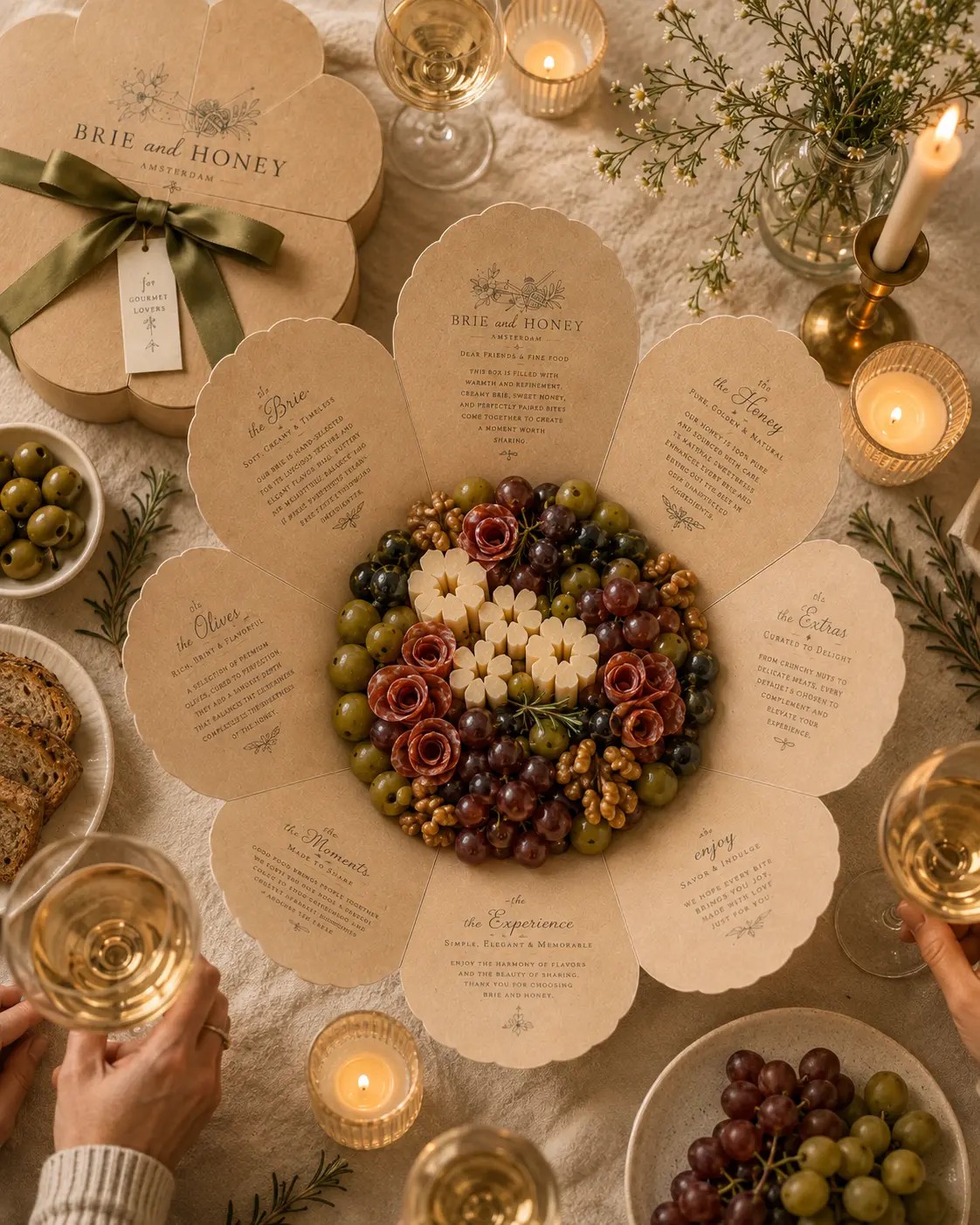 Candlelit dinner table with a Brie and Honey grazing board, wine glasses and flowers