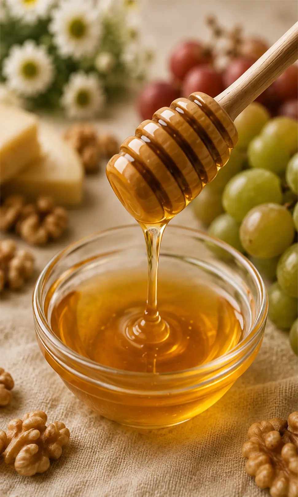 Honey drizzling from a wooden dipper into a small glass bowl beside grapes and walnuts