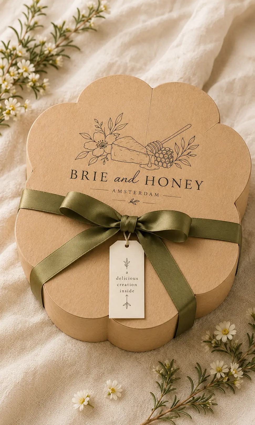 Closed flower-shaped Brie and Honey box with olive ribbon and a delicious creation inside gift tag