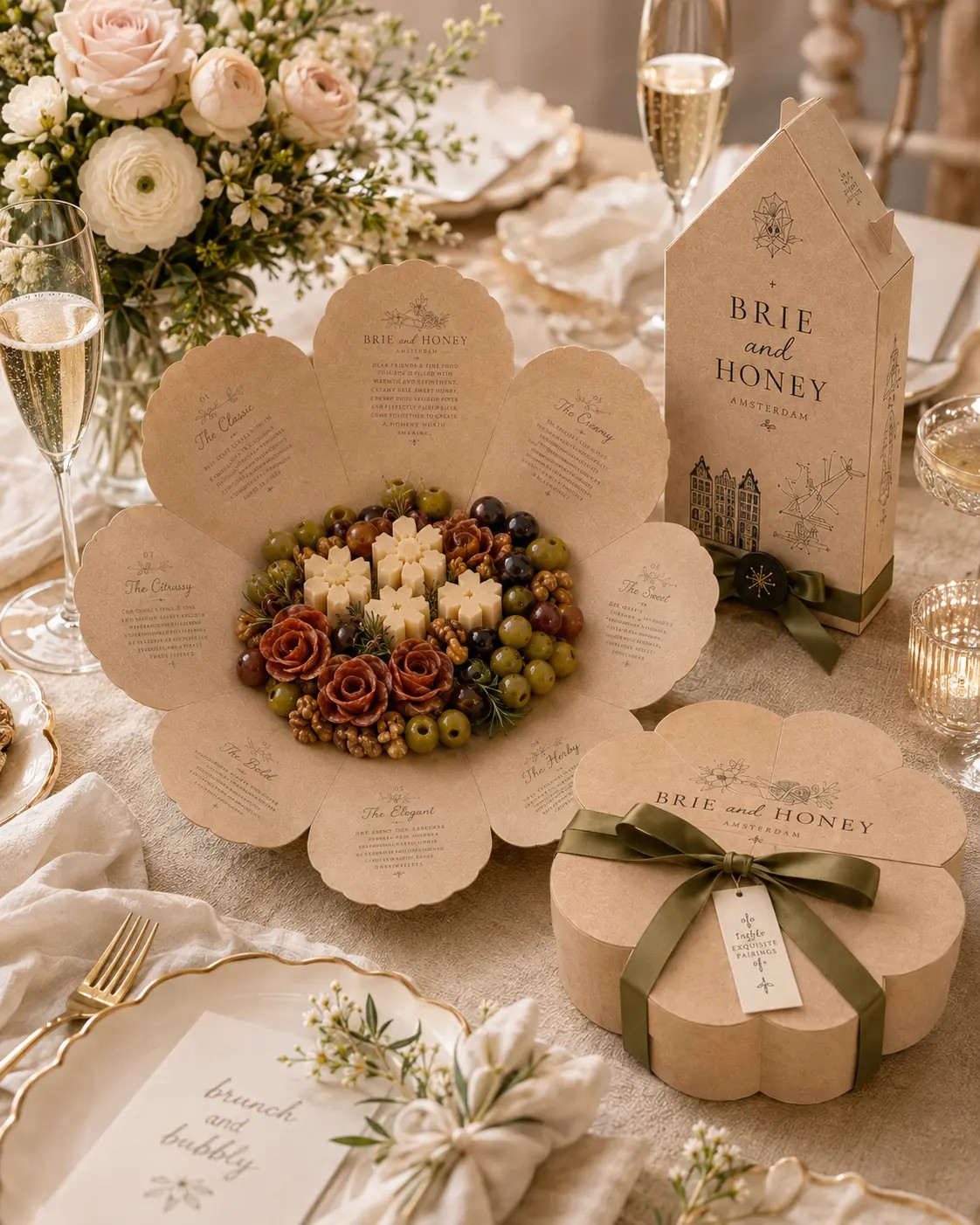 Bridal brunch table with a Brie and Honey grazing board, florals and glassware