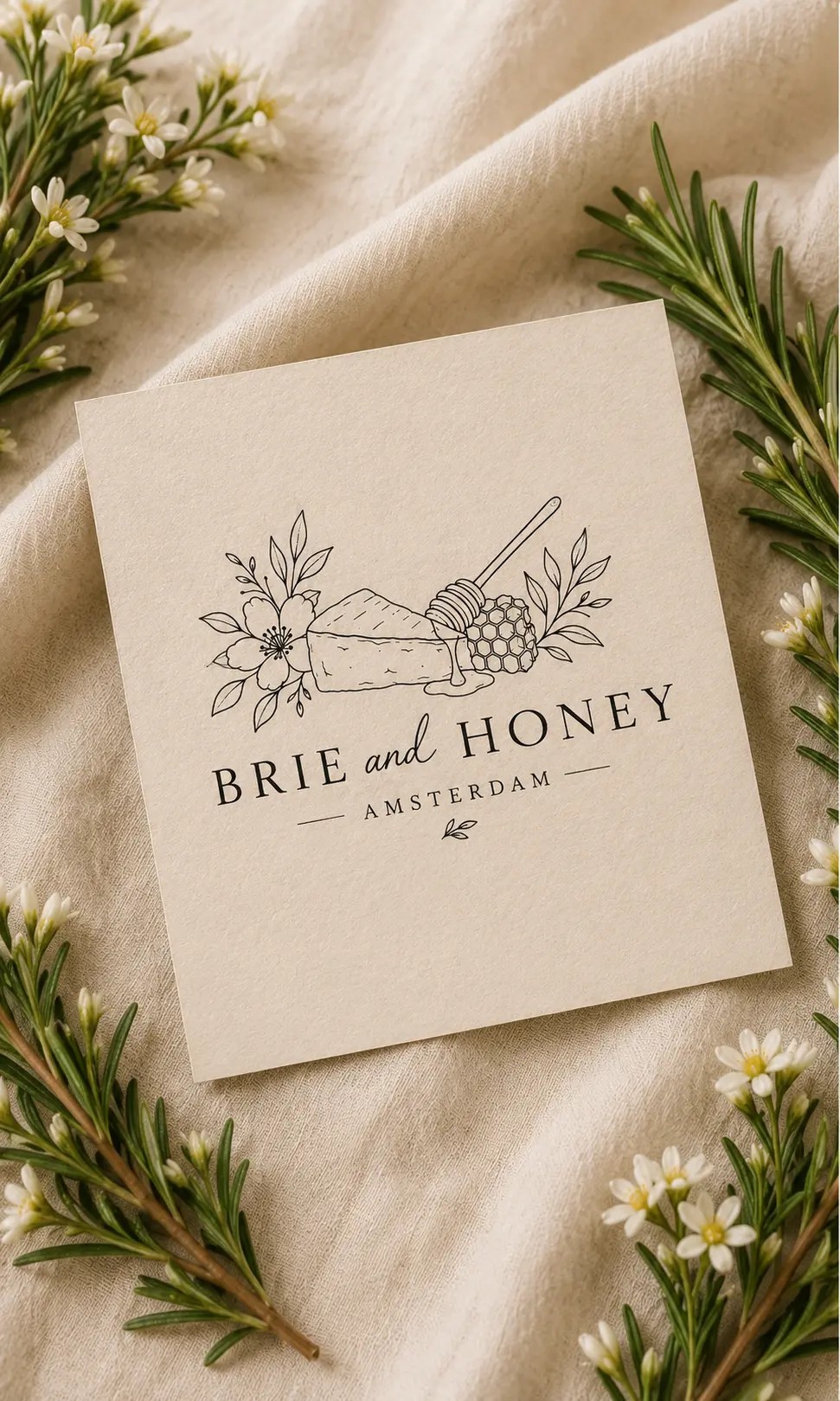 Brie and Honey Amsterdam branded card with botanical line illustration on linen