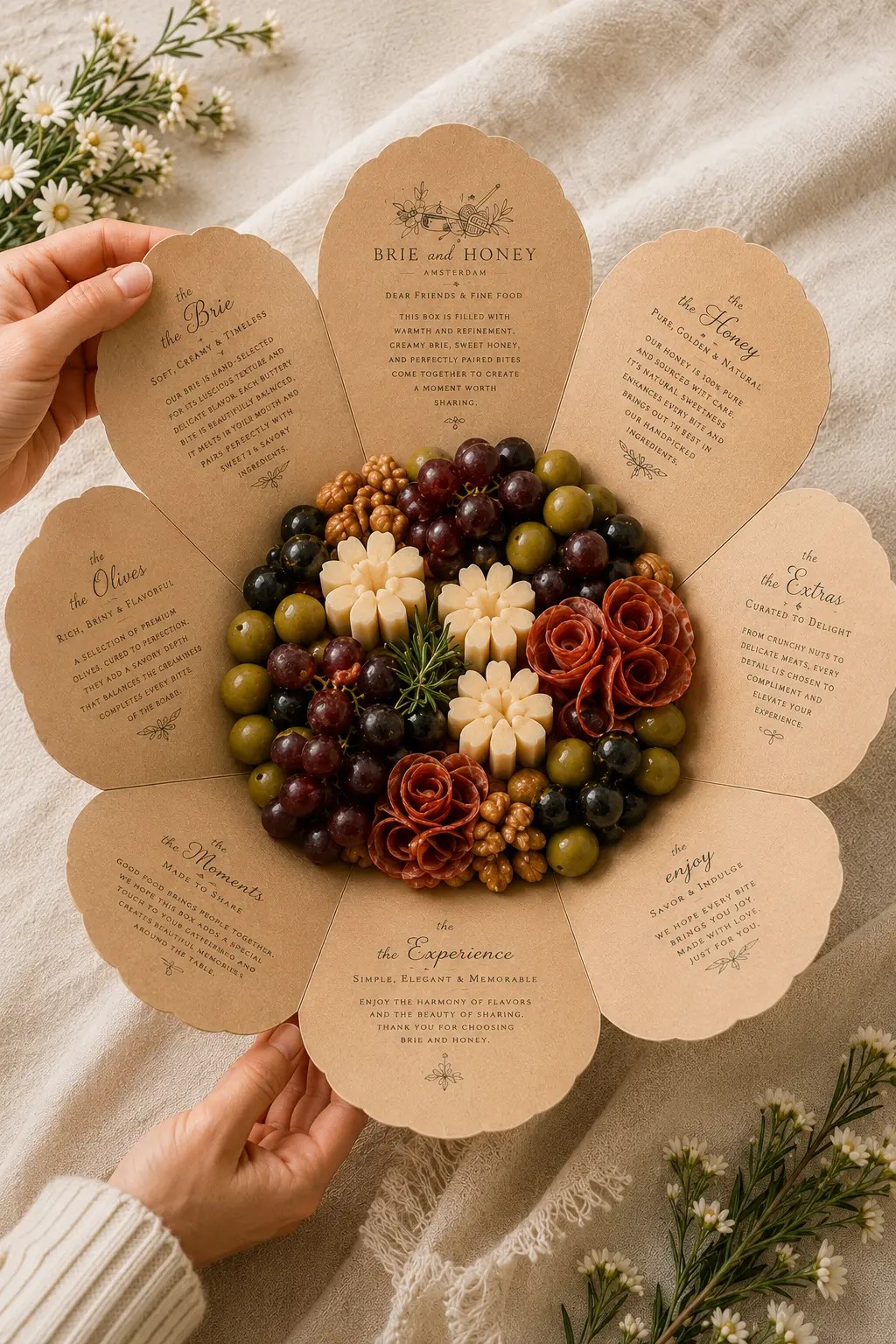 Hands holding an opened Brie and Honey flower package with brie flowers, grapes, olives and salami roses