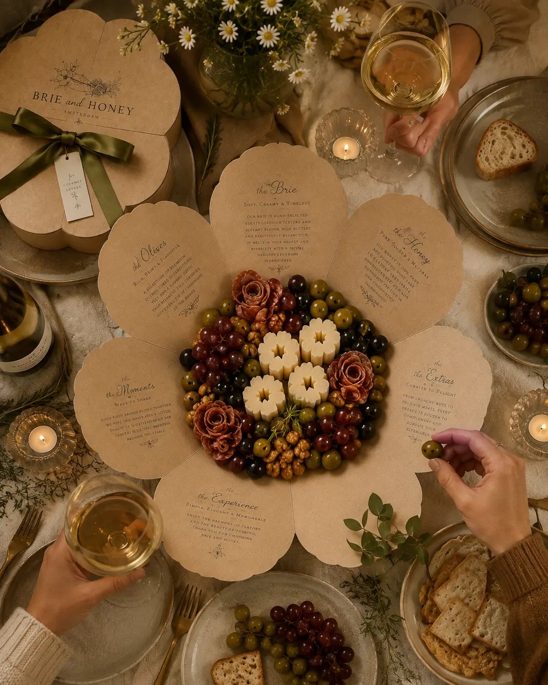 Hands reaching over a dinner party board of cheeses, grapes and crackers