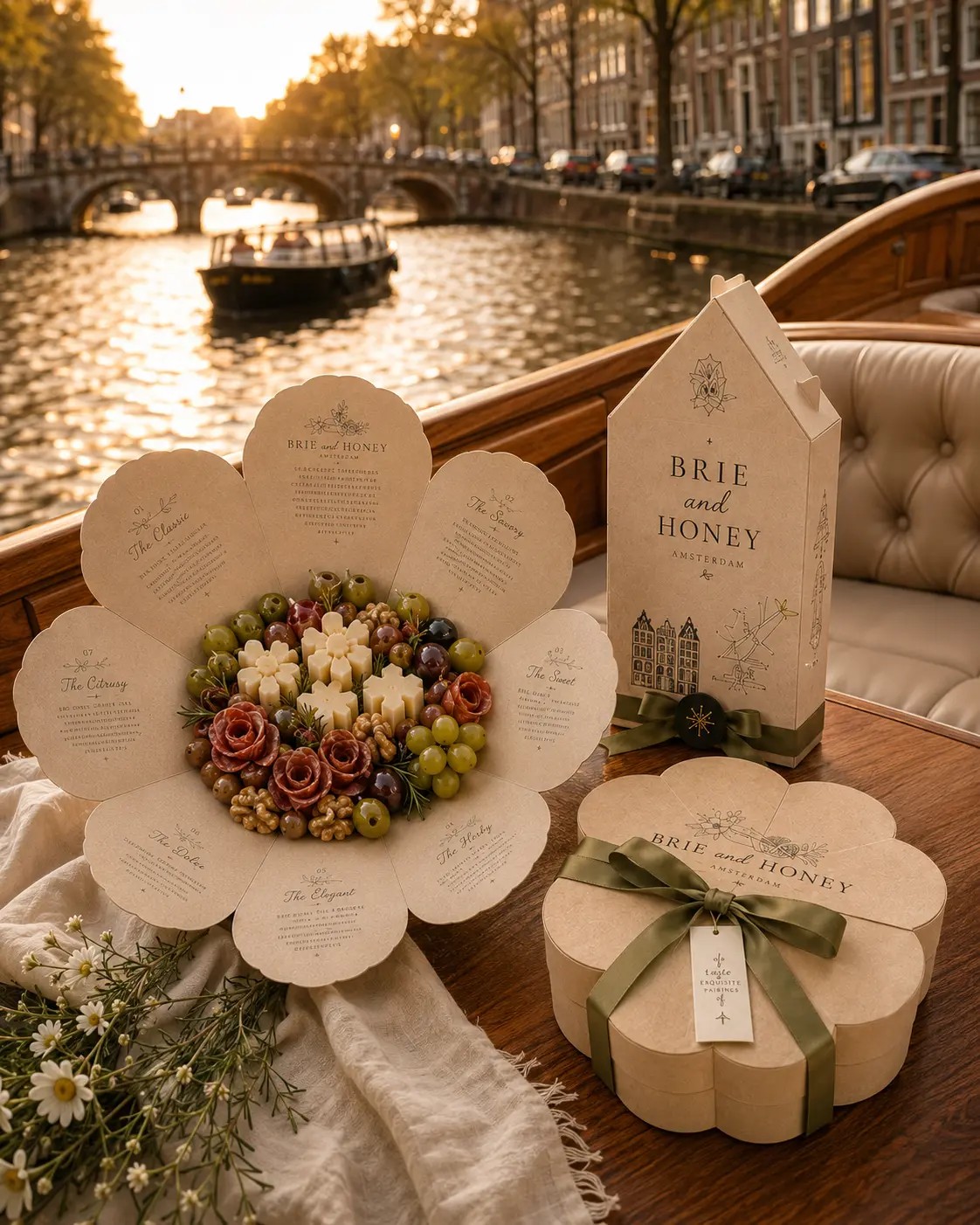Both Brie and Honey packages on a canal boat with champagne glasses