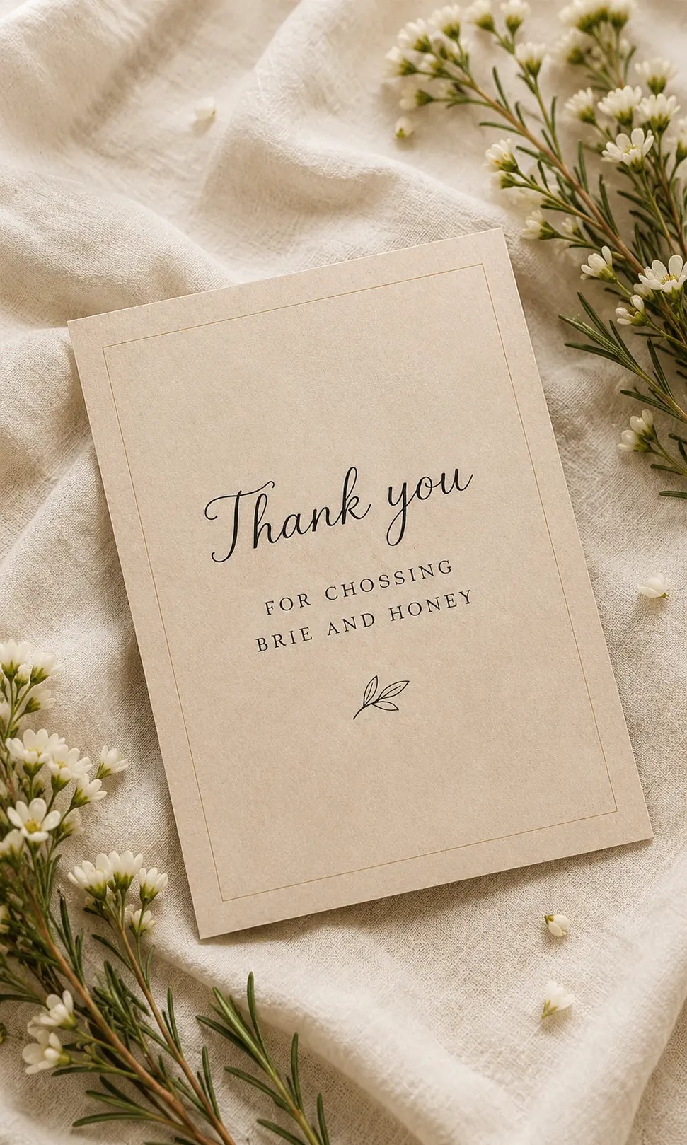 Brie and Honey thank you card on ivory linen with white blossoms and rosemary