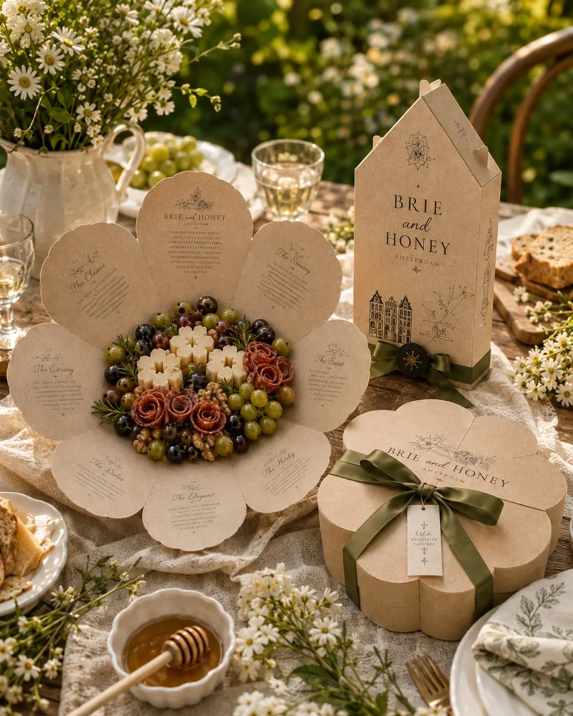 Garden table in dappled light with an opened Brie and Honey board