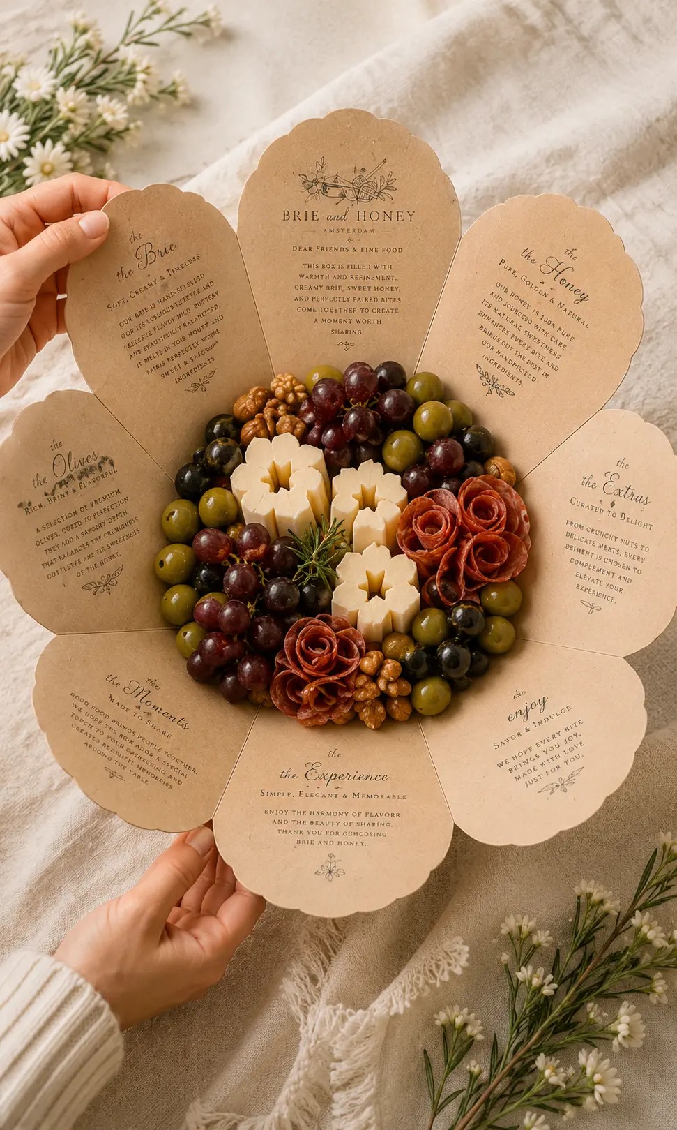 Small Brie and Honey flower package opened with brie flowers, salami roses, olives and grapes