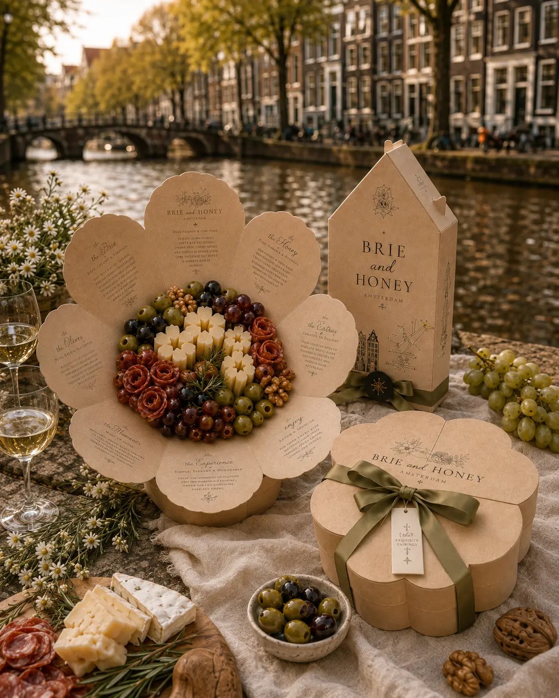 Flower package and Amsterdam house package styled together beside an Amsterdam canal at golden hour