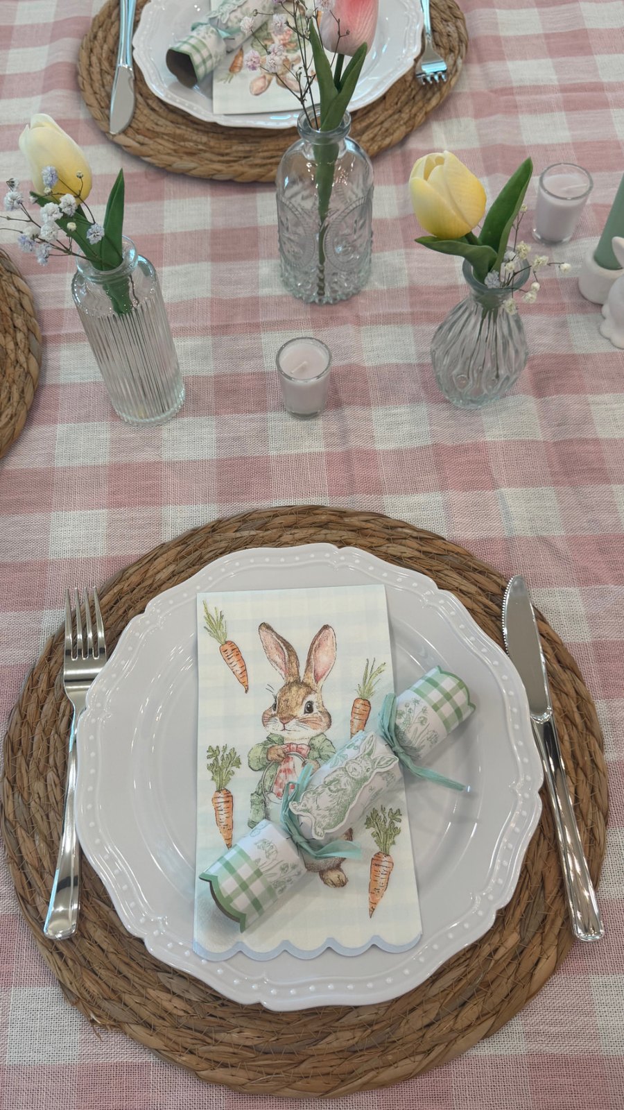 Easter place setting — bunny napkin, scalloped plate and woven charger